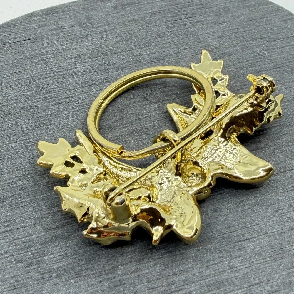 Brooch Vintage Gold Tone Bow Napkin Ring Holly Leaf Christmas Holiday Statement